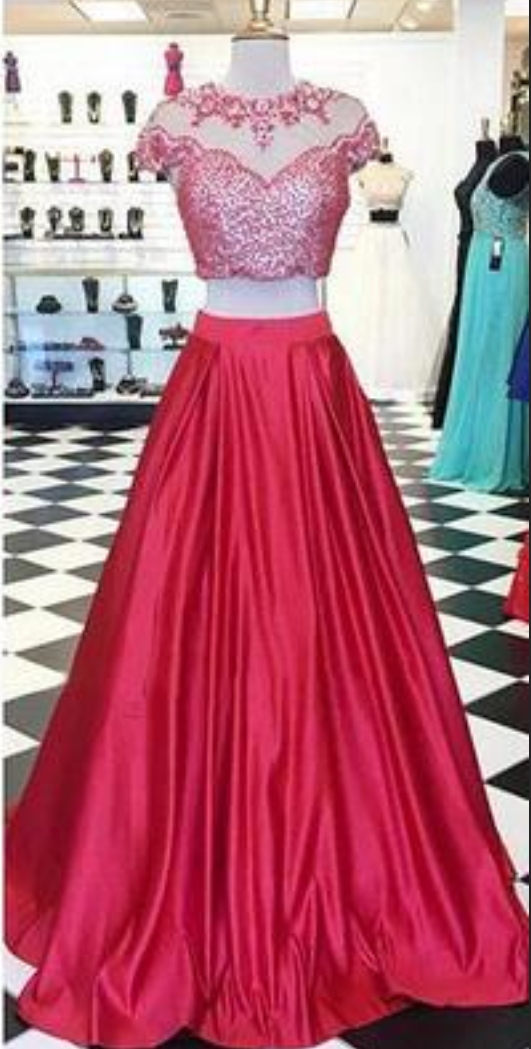 Red Two Pieces Evening Prom Dresses, Cap Sleeve Beaded Party Prom Dress ...
