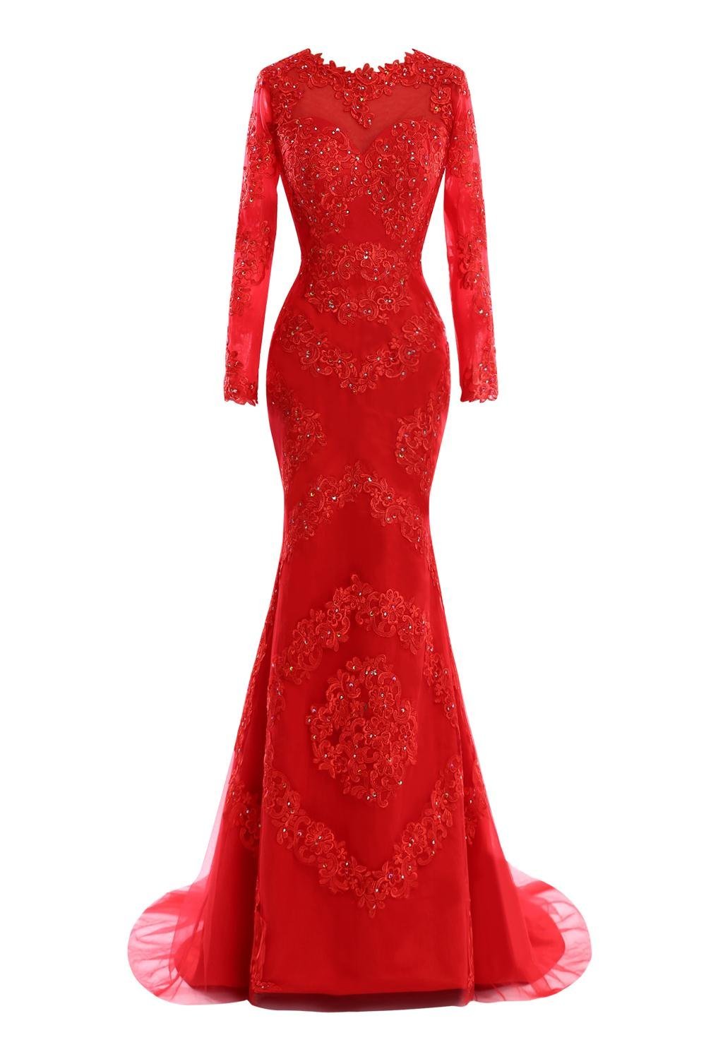 Mermaid Lace Tulle Appliques Beads Red Sweep Train Evening Party ...