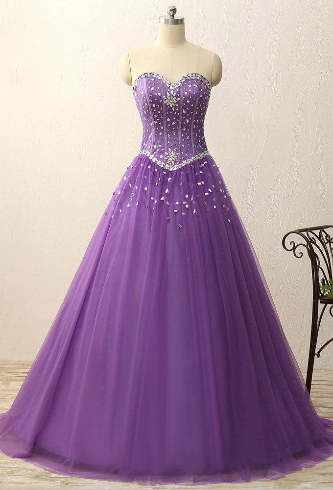 Sweetheart Crystal Beads Satin Tulle Floor Length Ball Gown Vintage ...