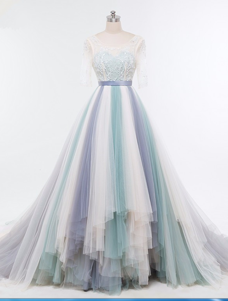 Half Sleeves Aline Beaded Waterfall Crystal Evening Dress Deep V Dress