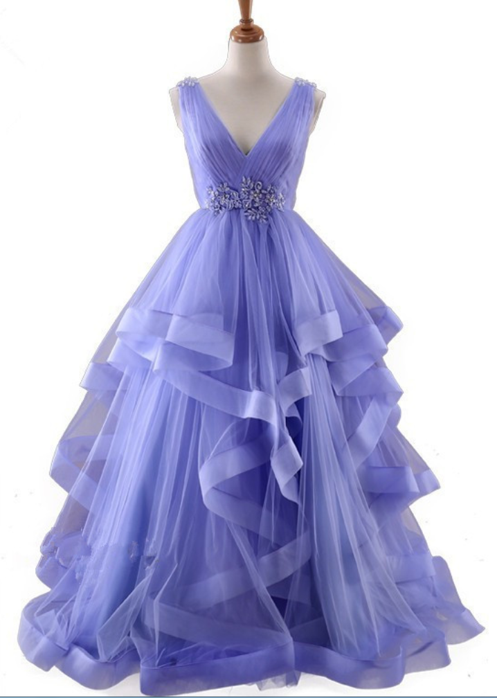 Long Ball Gown Evening Dress Blue Purple Beading Flower Tulls Long ...