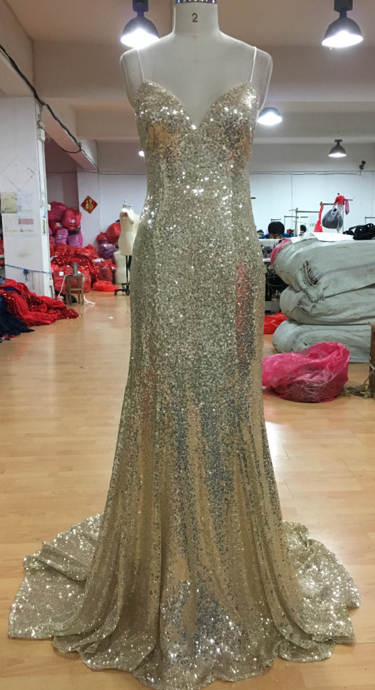 Gold Heavy Beaded Mermaid V Neck Criss Cross Tulle Prom Dress LBQ4133