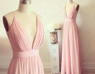 Pink Prom Dresses,Long Prom Gown,Chiffon Prom Gowns,Simple Bridal Dress,Evening Dress,Elegant Formal Dress,Backless Prom Gowns