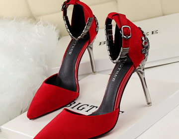 Pointed Toe High Heel Stiletto Pumps with Adjustable Ankle Strap Adorned with Square Metal Beading 